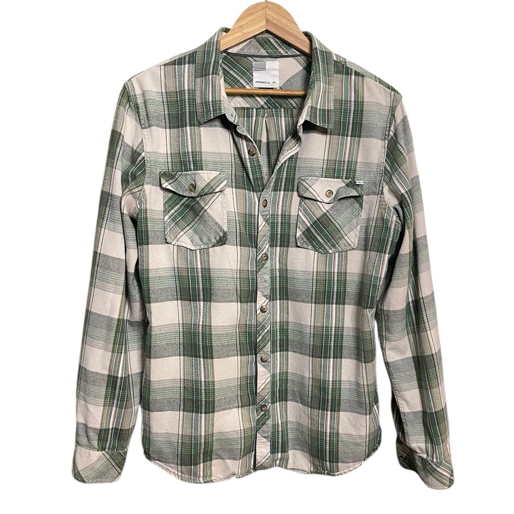 O'NEILL Green Tan Plaid Flannel Reg Fit Long Sleeve Shirt Women’s Size Large